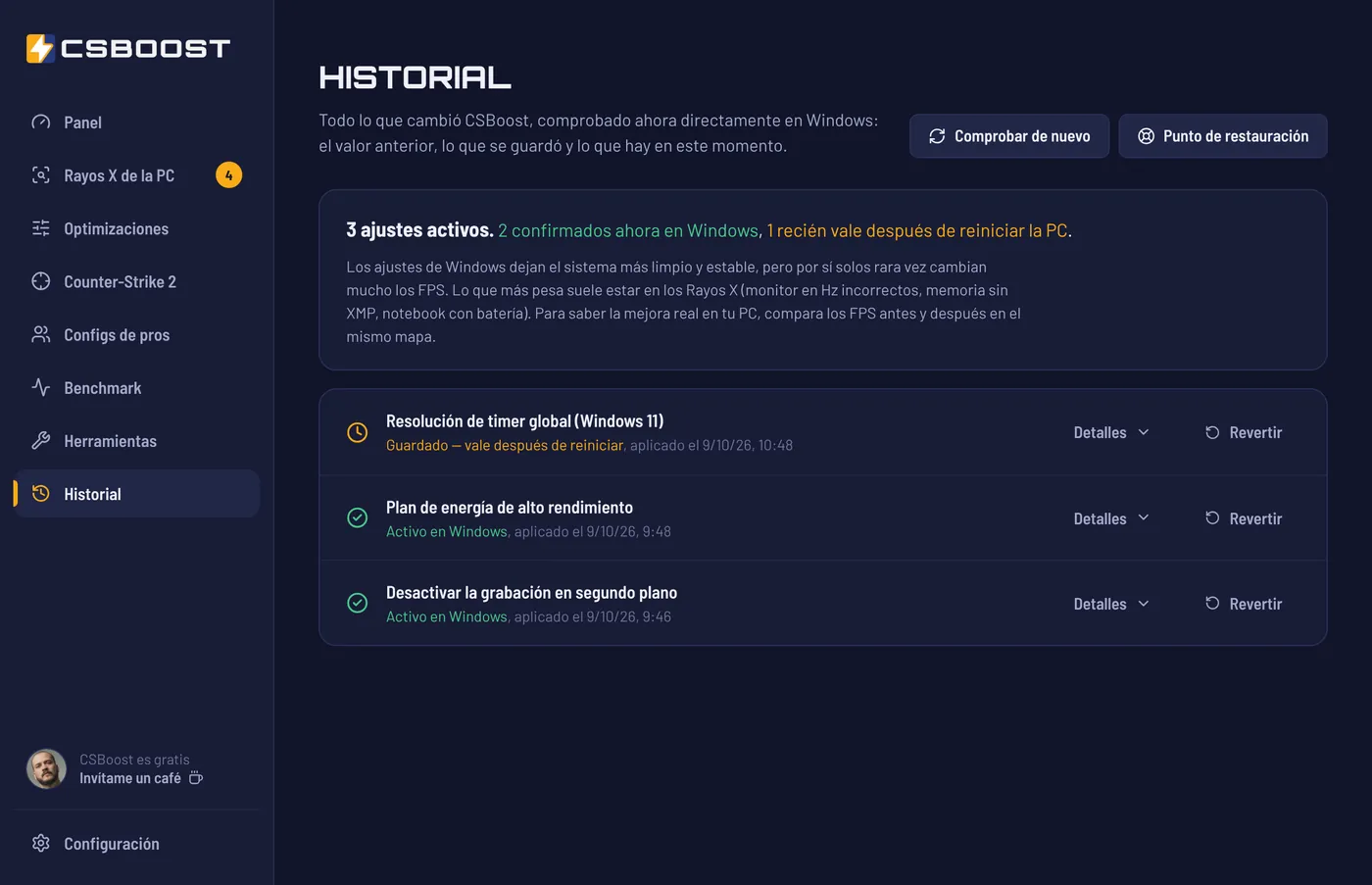 Pantalla Historial con los ajustes activos, comprobados en Windows, con el botón Revertir en cada uno