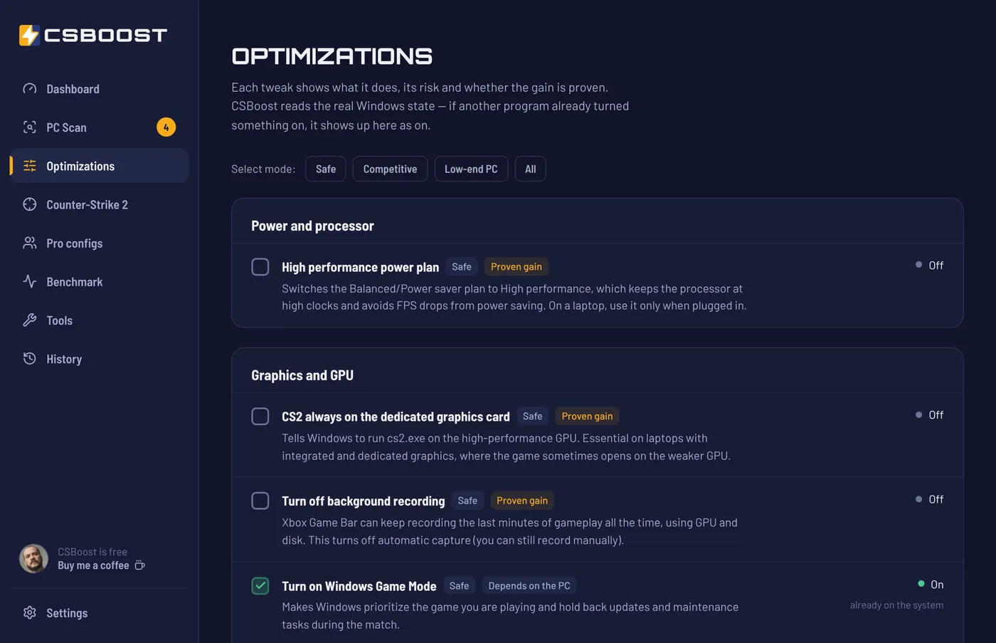 Optimizations screen with tweaks grouped by category, risk labels and proven-gain tags