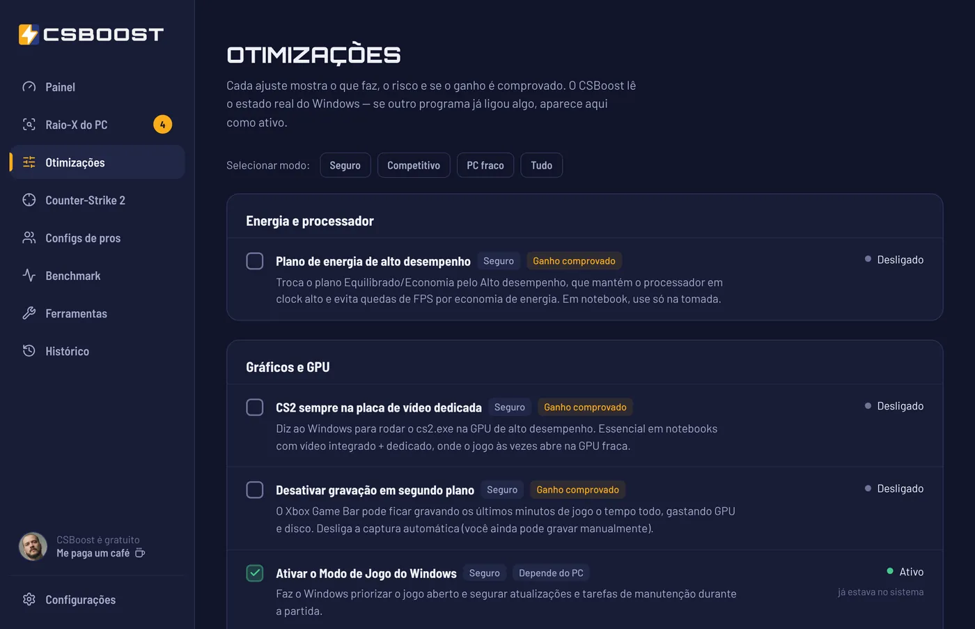 Tela Otimizações com os ajustes agrupados por categoria, etiquetas de risco e ganho comprovado