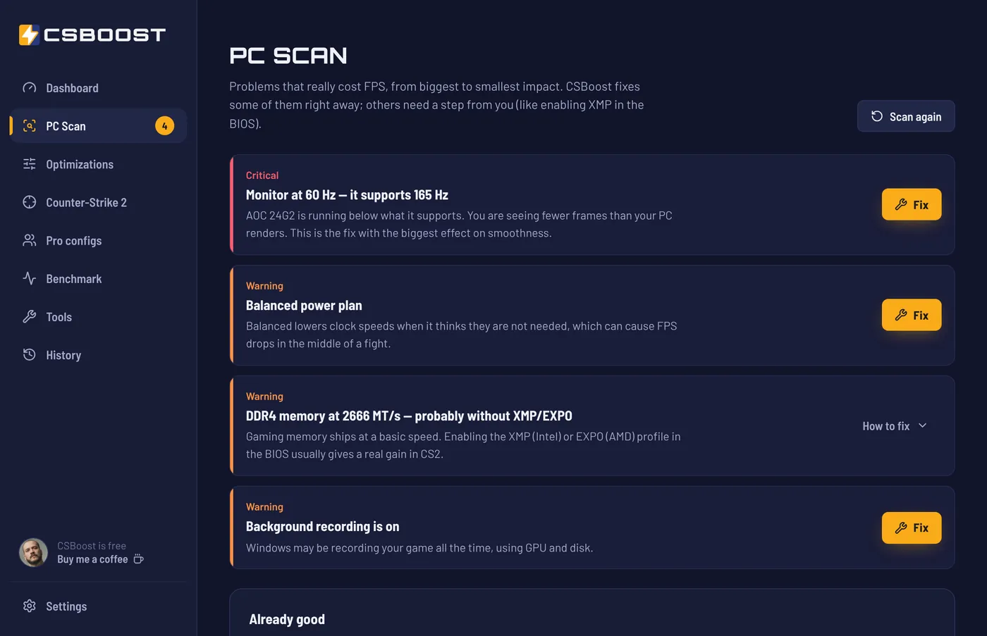 PC Scan screen listing problems such as a monitor at 60 Hz and the Balanced power plan, each with a Fix button
